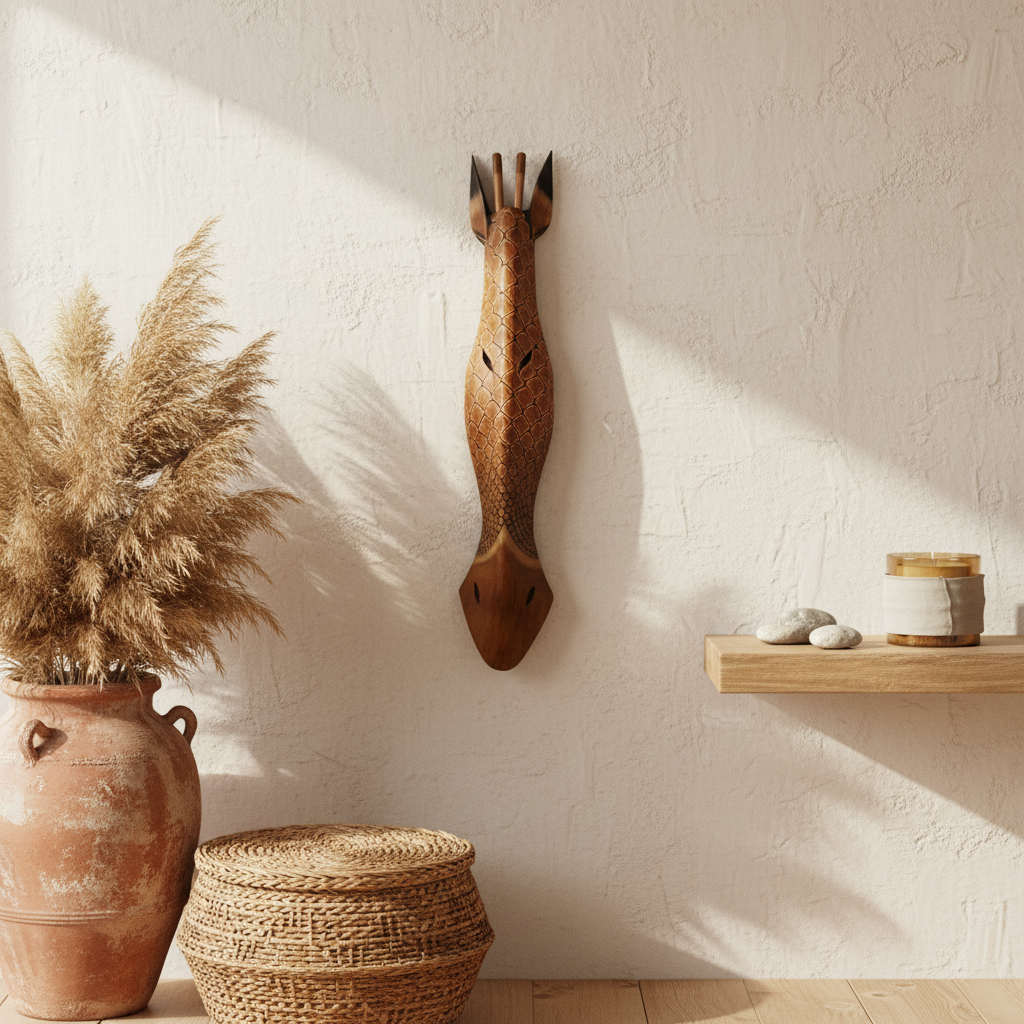 Warm rich brown carved animal mask with rounded honeycomb scale pattern mounted on a textured white wall – earthy coastal vignette with large terracotta urn filled with dried pampas grass, woven rattan basket and timber shelf with smooth stones and a candle