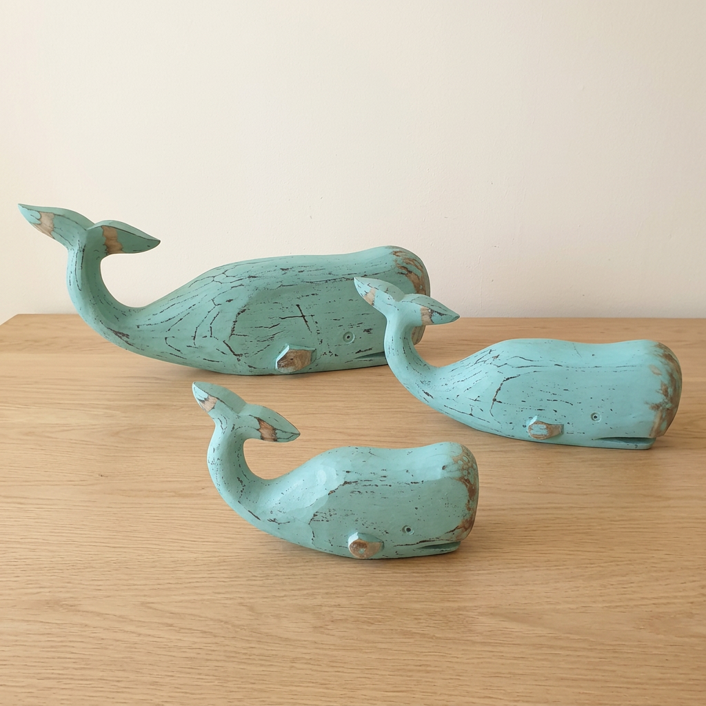three whale ornaments turquoise set on a oak wood table 
