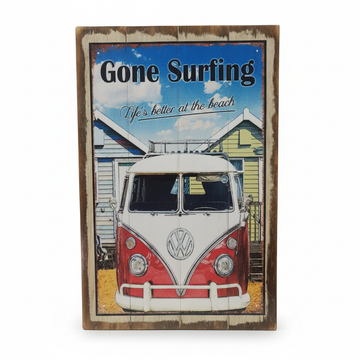A rectangular rustic wooden wall sign featuring a vintage red and white Volkswagen camper van with the text 'Gone Surfing' and 'Life's better at the beach' on a beach house background.