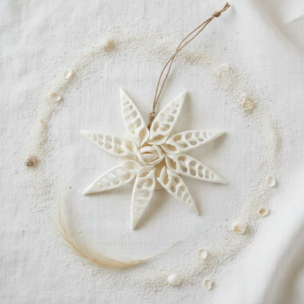 Eight-pointed star ornament made from white lattice-cut shells with lace-like perforations and a small cowrie shell centre, on jute twine