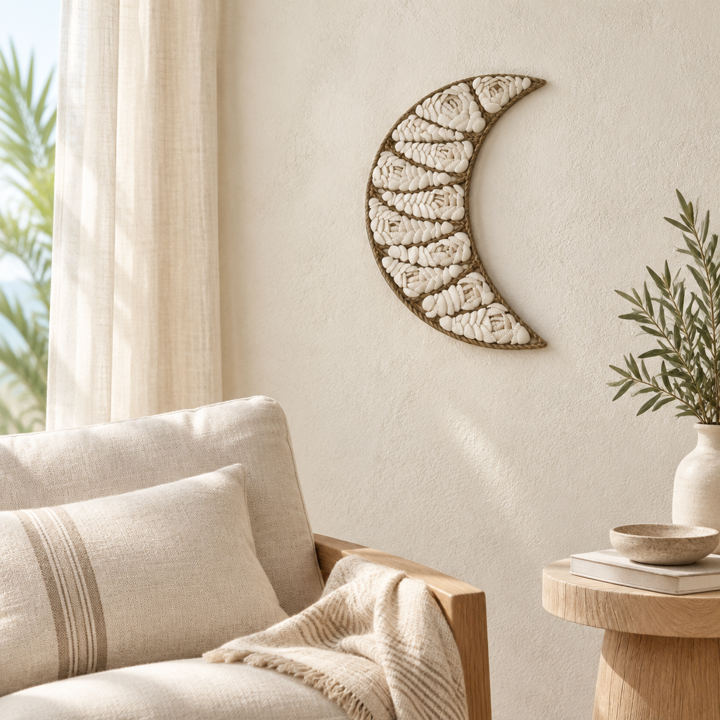 White open-shell crescent hanging on the wall in a coastal-style home