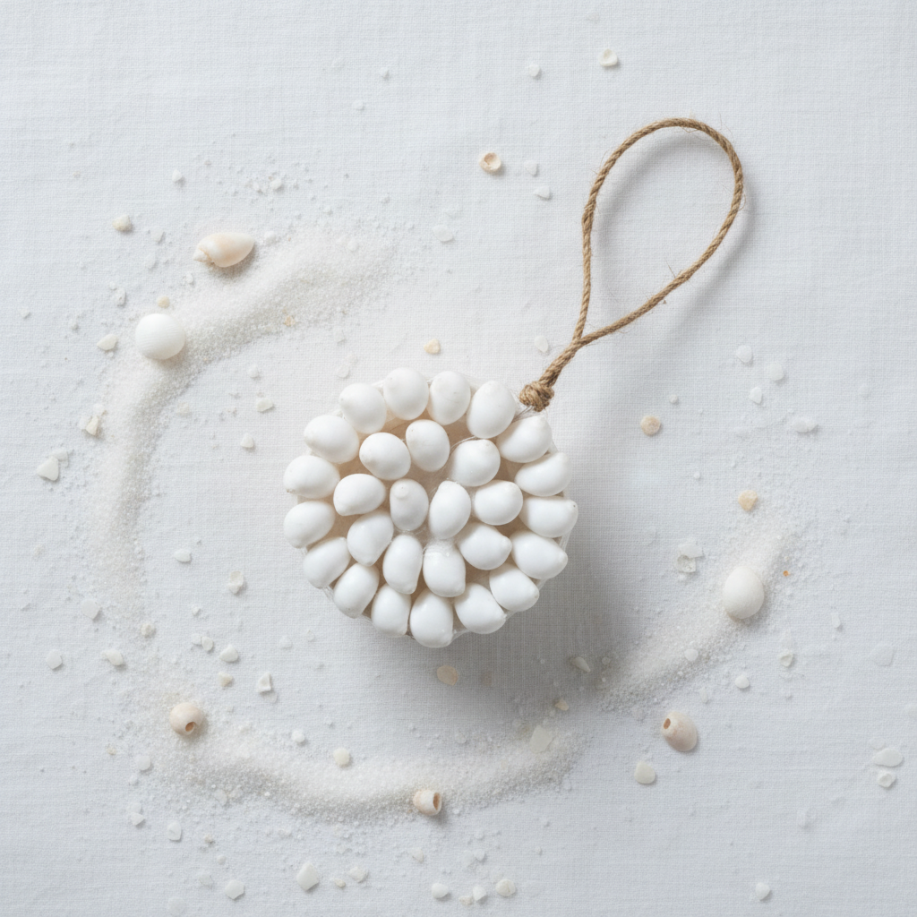 Round ball ornament densely covered in small smooth white teardrop shells packed in a dome cluster, hanging from a thick twisted jute twine loop