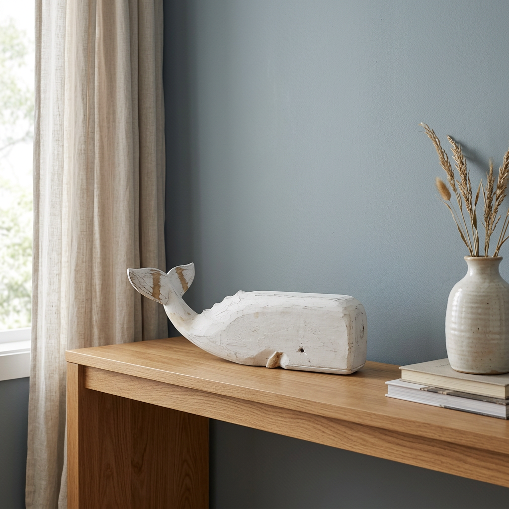large white wash carving on a console cabninet near a window 