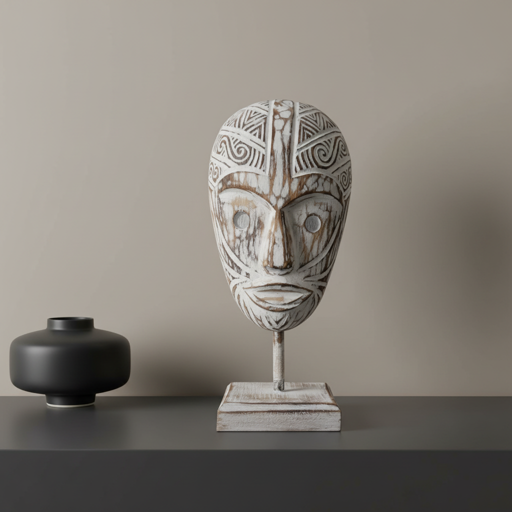 white wash wood tribal mask on stand displayed beside a matte black vase in a minimalist modern interior