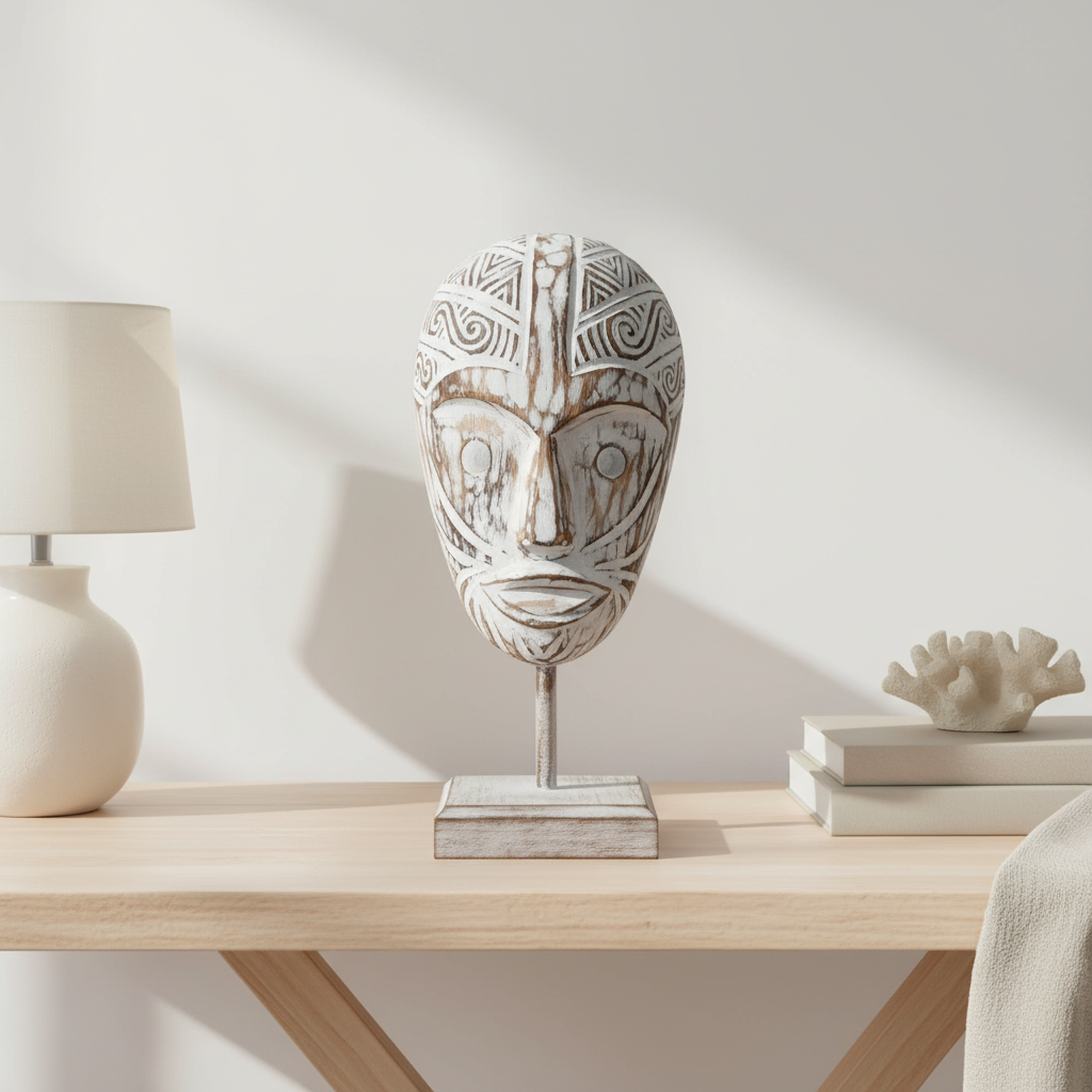 carved décor displayed beside a cream lamp, neutral books and coral on a pale timber console