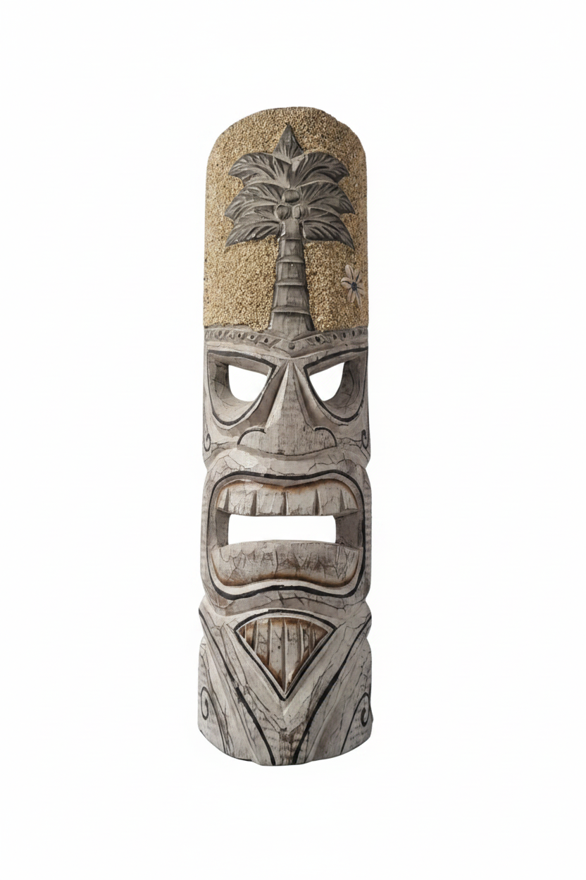 Frontal studio shot of a whitewashed  hand-carved sand-textured headdress, carved palm tree crown, angular eye cutouts and geometric mouth detail
