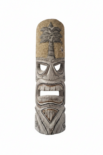 Frontal studio shot of a whitewashed  hand-carved sand-textured headdress, carved palm tree crown, angular eye cutouts and geometric mouth detail