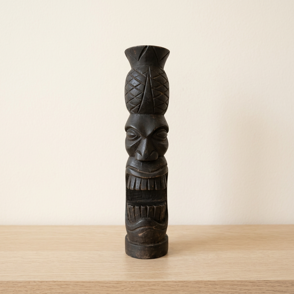 Dark timber carving with V-shaped forehead grooves and a toothy smile, standing on a pale wooden shelf against an ivory wall