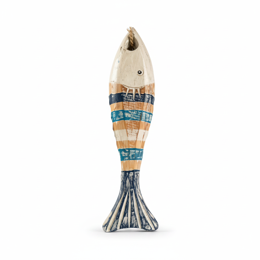 Wooden fish ornament with cream top section, warm natural grain stripes, painted navy and teal band accents, and a wide dark tail fin with pale grain lines, photographed on a white background