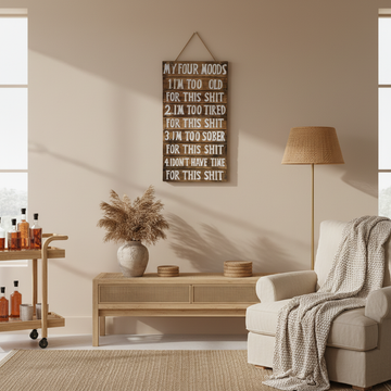 My Four Moods wooden sign displayed in a warm coastal-boho entertainment room