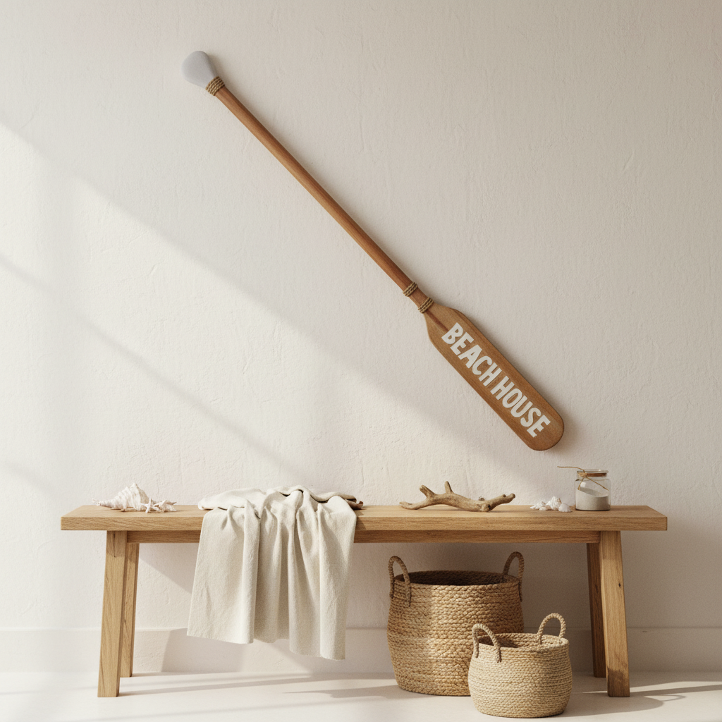 Long timber wall sign mounted diagonally above a console with woven baskets in a bright coastal entryway