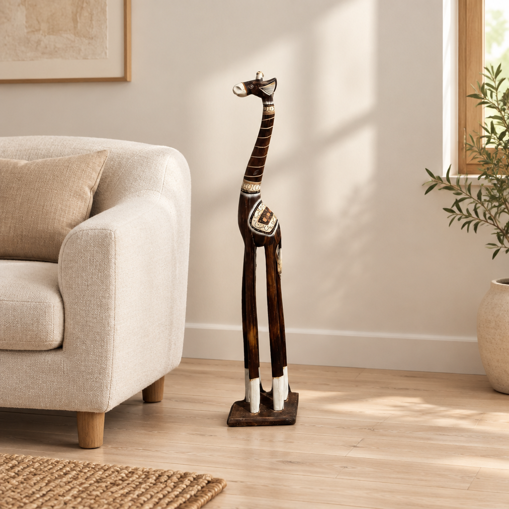 Wooden carved giraffe statue with cream painted details beside a linen armchair on a pale timber floor