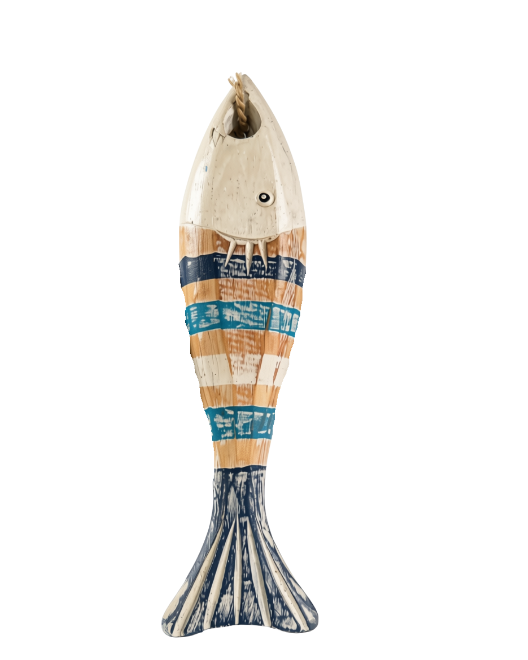 A decorative fish-shaped wall hanging or sculpture with a distressed finish, featuring horizontal stripes in navy blue, teal, and natural wood tones, with a cream-colored head and tail.