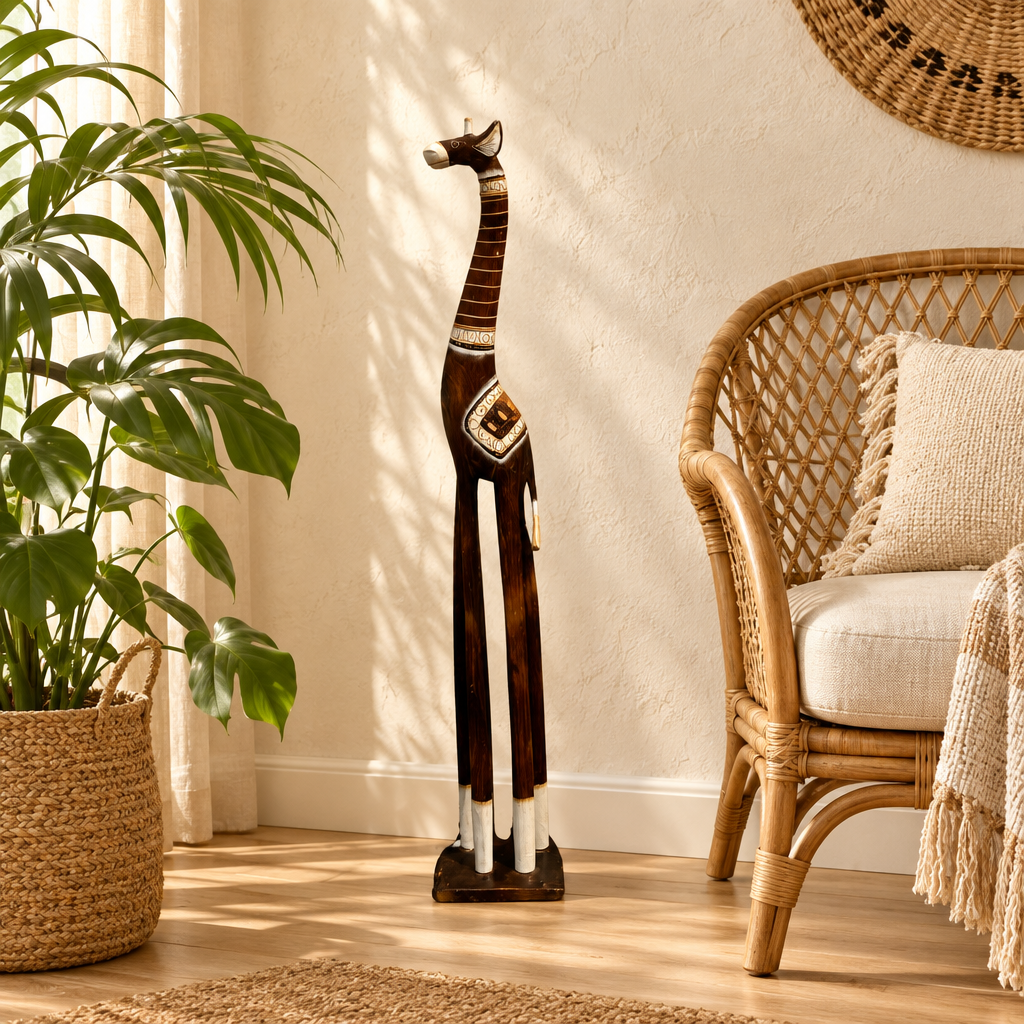Dark brown animal carving with cream painted details beside a rattan chair and leafy potted plant, with sunlight streaming through the window