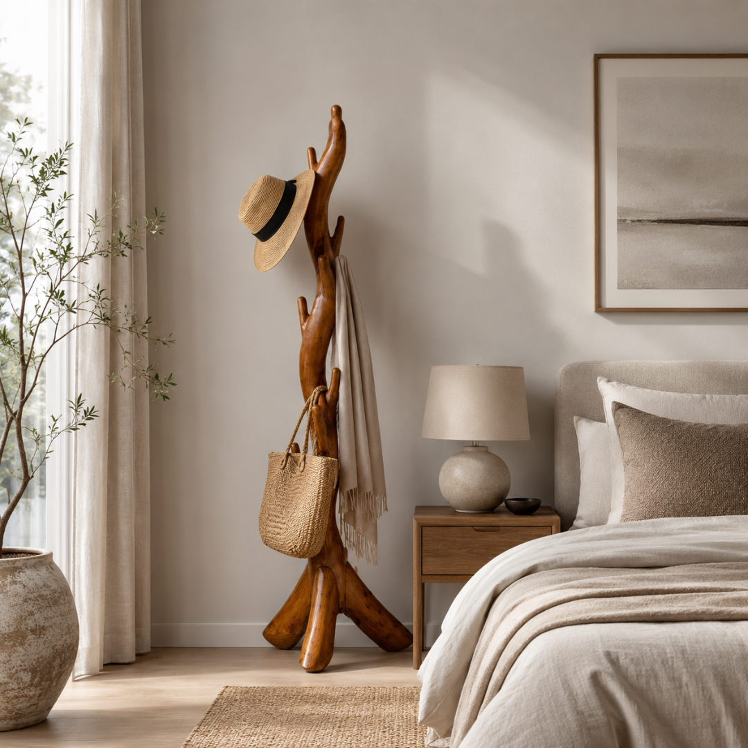 Teak timber hat and coat stand in a modern entryway styled with a straw fedora, linen jacket and cream scarf draped over the branching arms