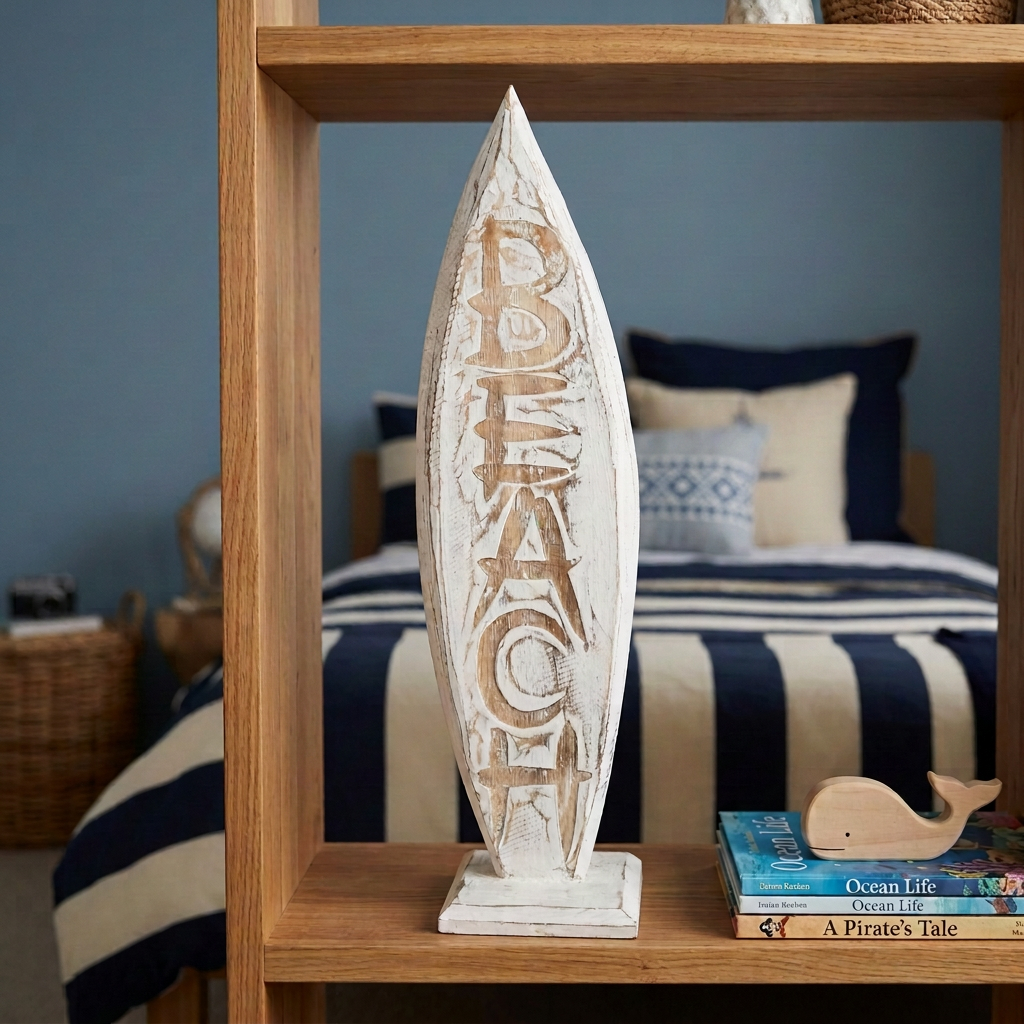 wooden surfboard in a boys room styled on a shelf cabinet 