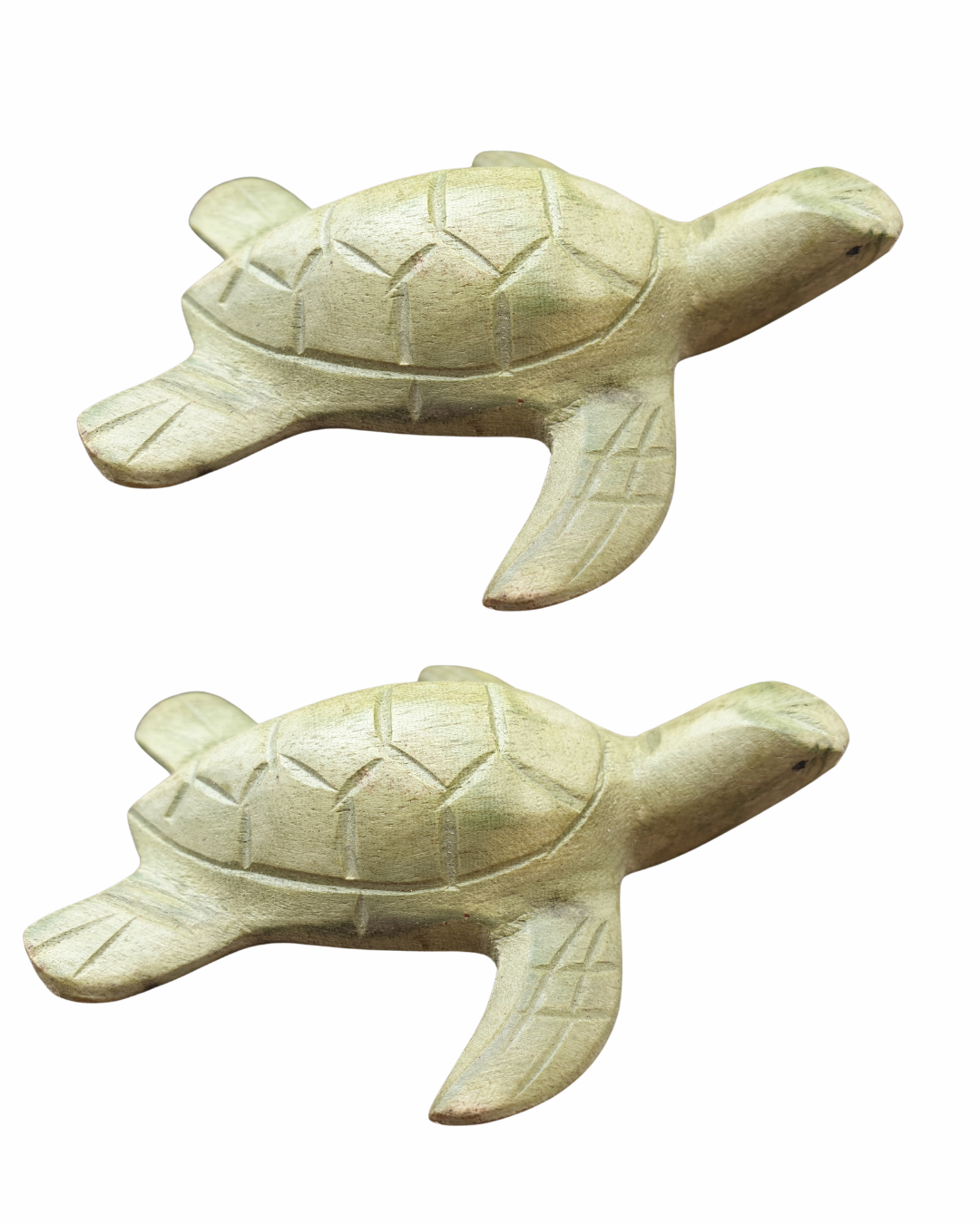 Two wooden turtle figurines on a white background