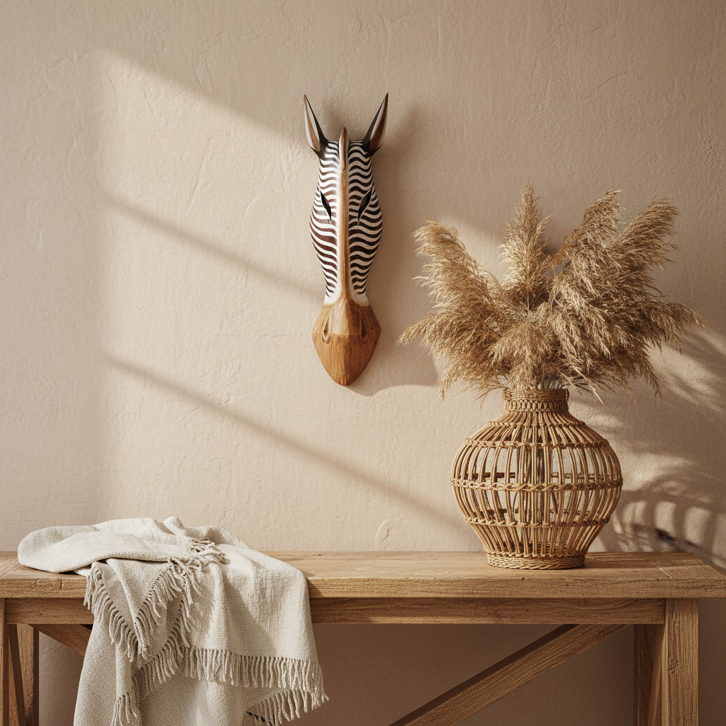 A zebra-patterned wooden wall mount displayed on a textured beige wall above a rustic wooden console table. The scene is styled with a cream-colored throw blanket draped over the table and a woven rattan vase filled with dried pampas grass, all under warm natural sunlight casting soft shadows.