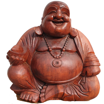 A wooden statue of a smiling Buddha, known as the Happy Buddha or Laughing Buddha, sitting with a beige and brown color palette. medium and large style 