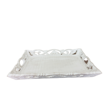 Balinese whitewash carved wooden tray with lattice edge and heart handle detail — handmade decorative tabletop art