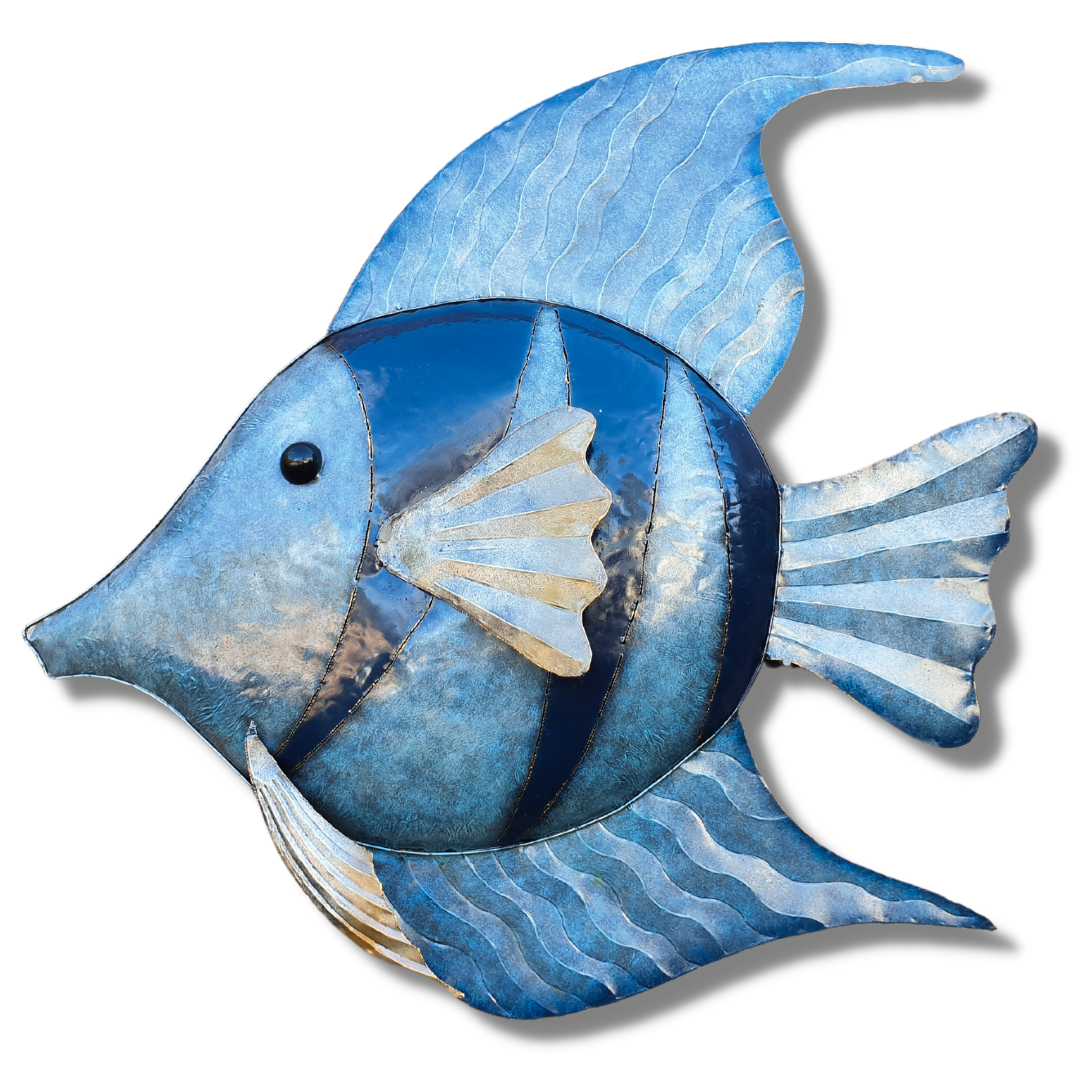 Angel Fish Metal Wall Art with blue and silver stripes, textured fins and a raised side fin on a white background.