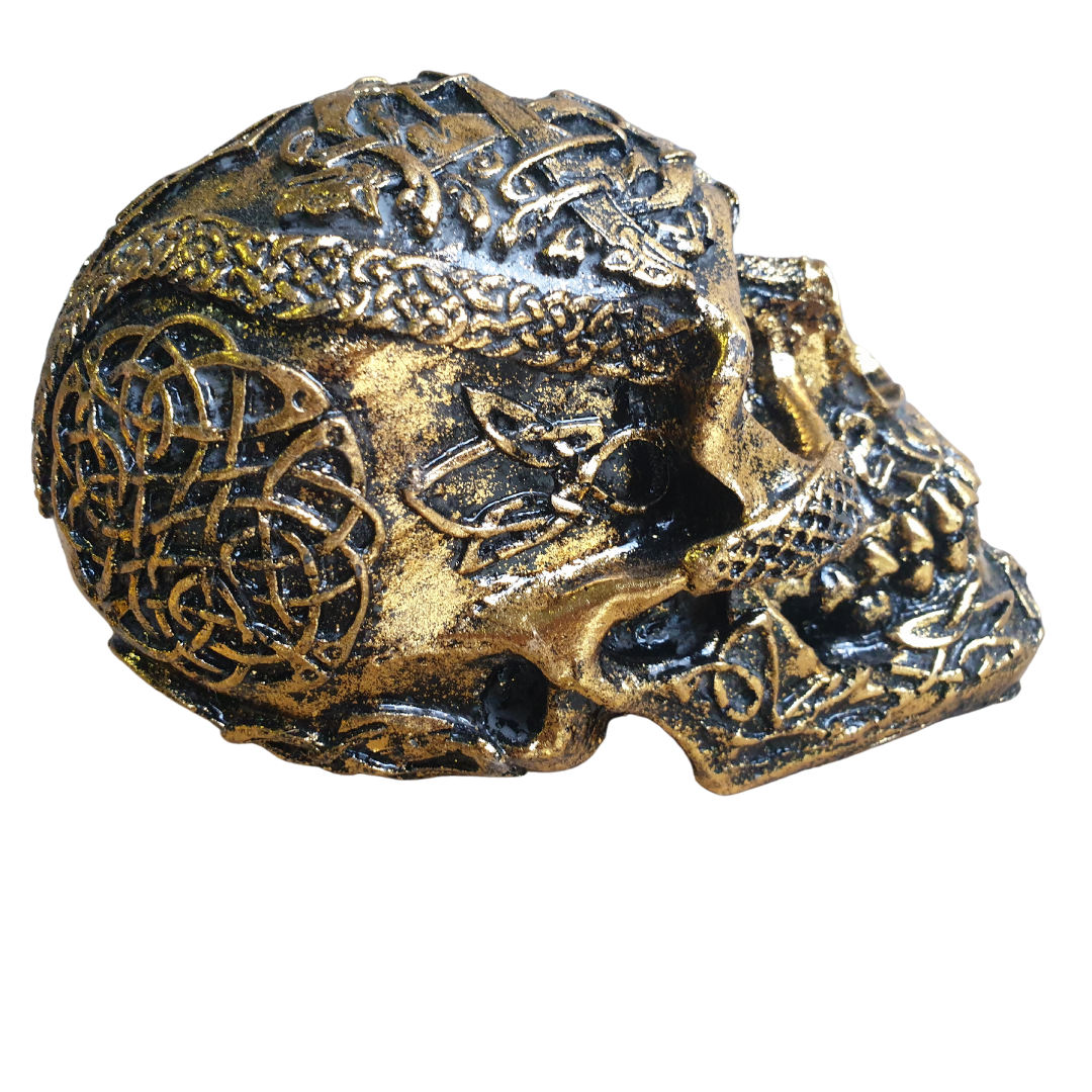 Side profile of Boho Skull Art Tabletop Design in Gold, showcasing the detailed Celtic knotwork and raised resin texture across the temple and jaw, handcrafted tabletop décor piece 17cm x 12cm x 11cm by Azure Decor