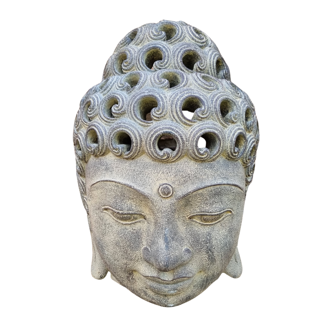 Front view of a silver-grey concrete Buddha head wall plaque with ornate curled detailing