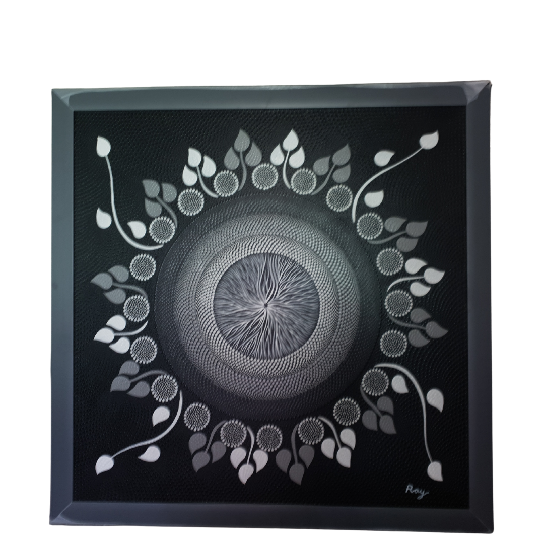 A dot art painting on a dark canvas, featuring a spiral center with leaf-like shapes and a pattern of dots in black, white, and gray radiating outward.