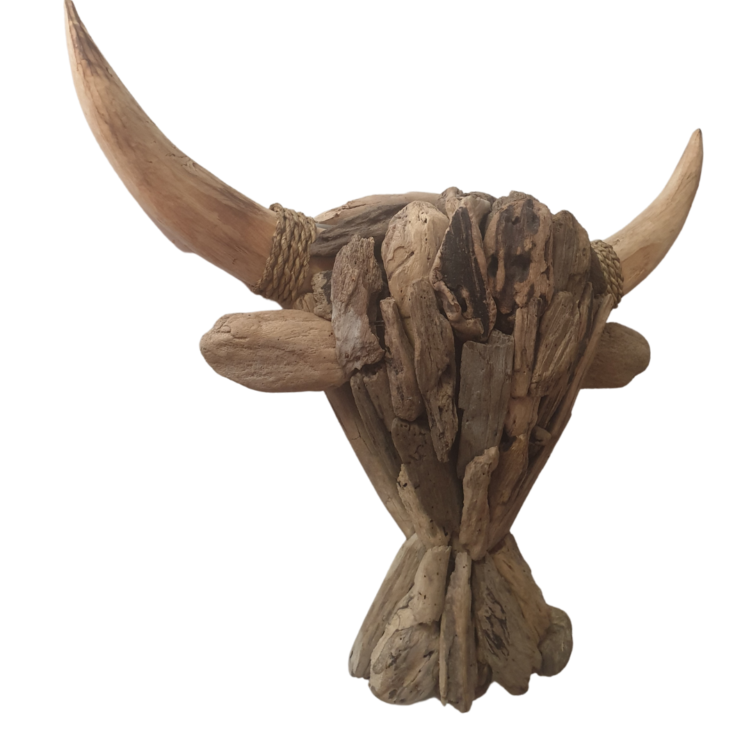 Large handmade driftwood buffalo bull head wall sculpture — angled view showing natural wood texture and rope detail — Azure Decor