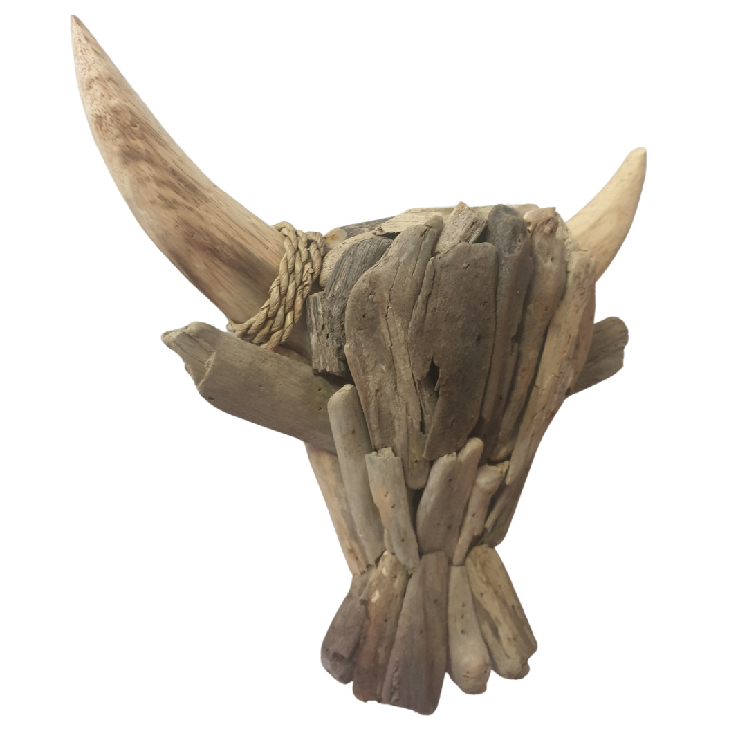 Large driftwood buffalo bull head wall sculpture — side angle view showing layered natural wood pieces and woven rope detail — Azure Decor