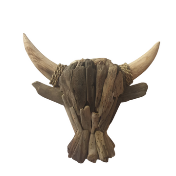 Handmade driftwood buffalo bull head wall art sculpture with natural rope detail — boho coastal decor
