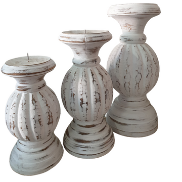 Hampton White Bola Candle Holders in three sizes, grouped on a white background.
