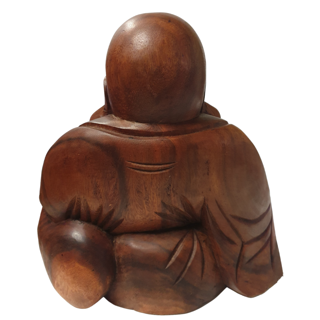 A wooden statue of a  Buddha, backview known as the Happy Buddha or Laughing Buddha, sitting with a beige and brown color palette.