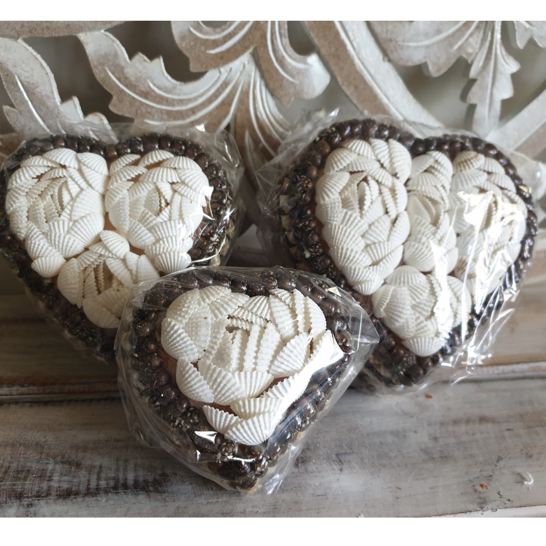 Small heart-shaped shell trinket box side view showing shell texture detail