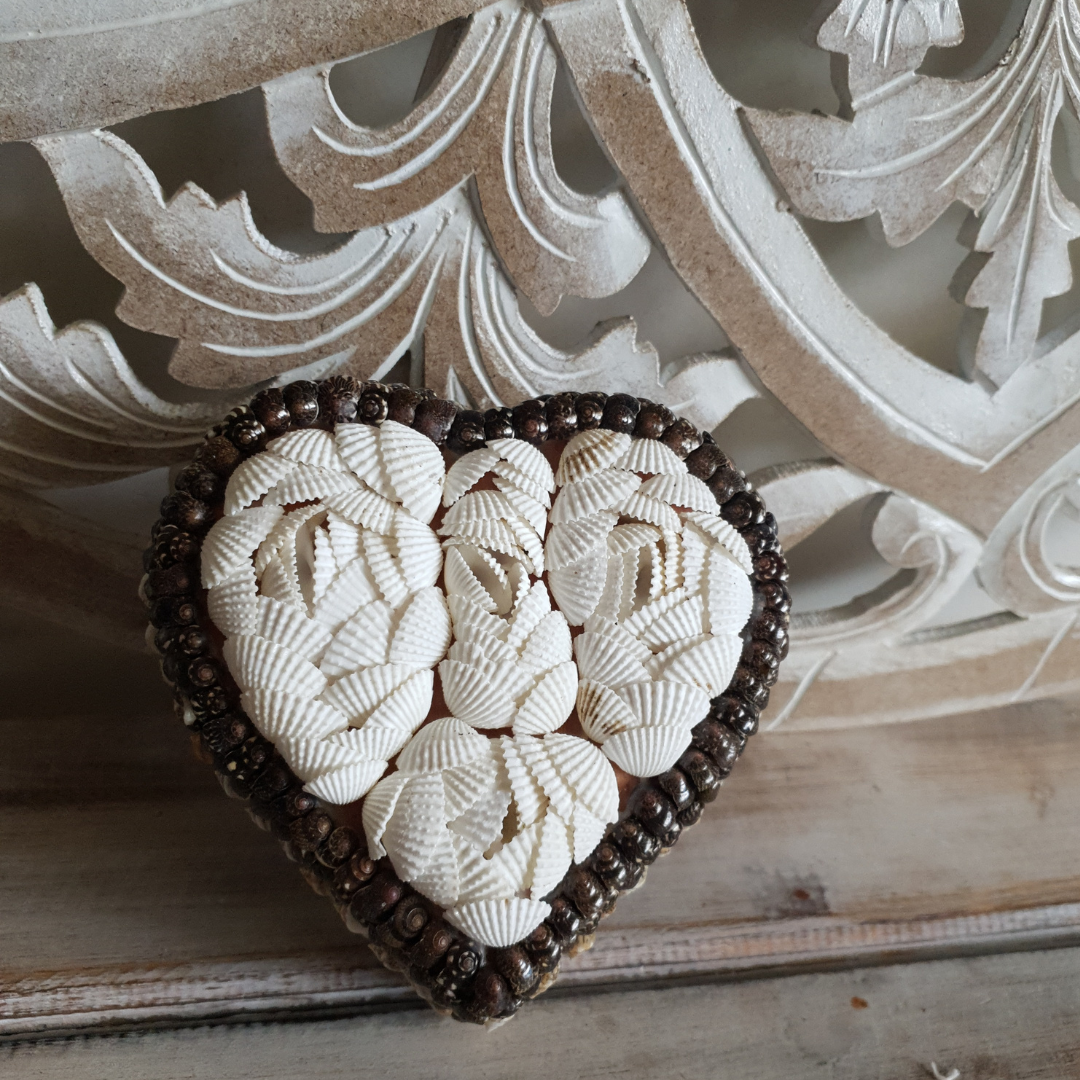 Large heart-shaped shell trinket box with lid open, ideal for jewellery storage