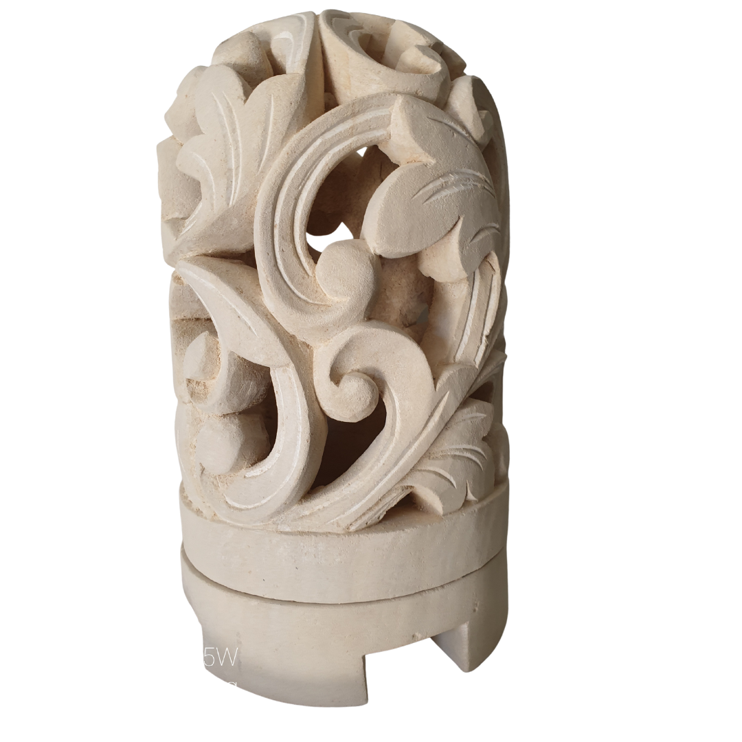 A beige limestone lantern with a dome style top and intricate floral carvings, designed for outdoor use.