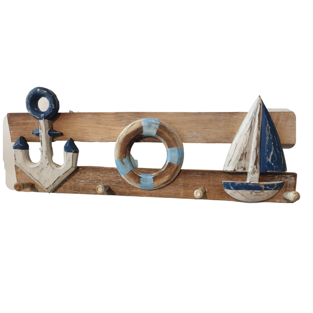 Nautical Sail Ship Anchor & Buoy Hanger: A Coastal-Themed Delight. Available in four colours. Made of wood using rustic tones. 