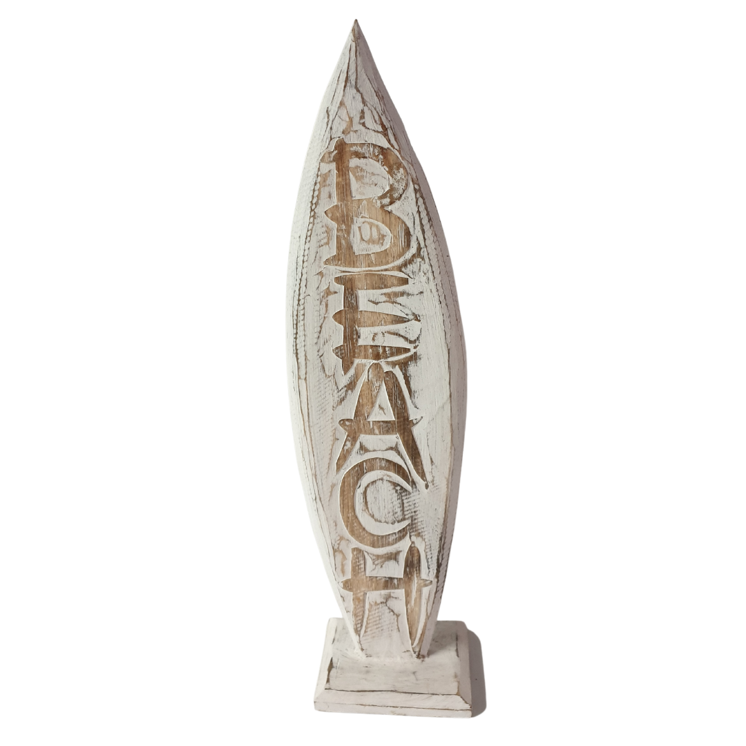 Rustic Style Beach Sign Art in white wash finish timber with natural BEACH lettering and a square base, shown against a white background.