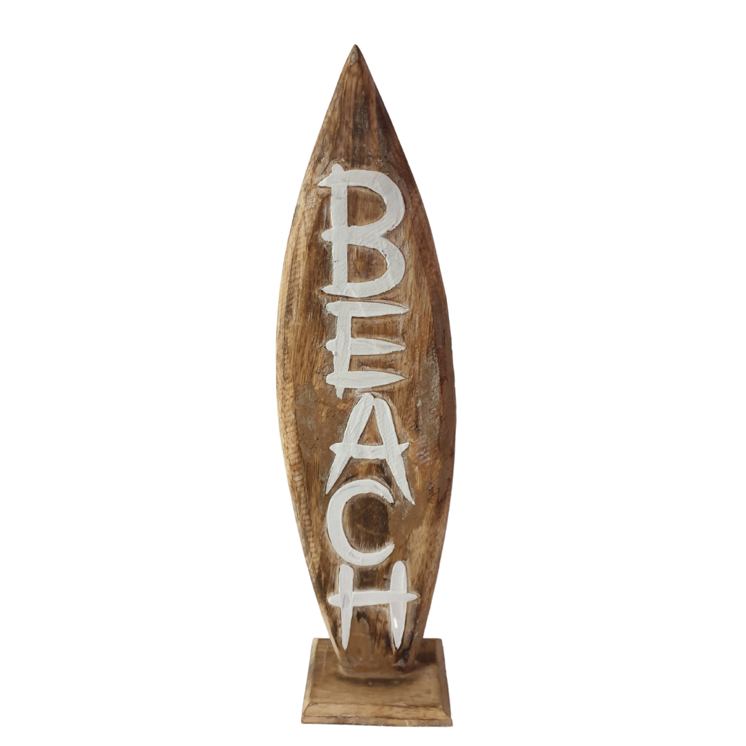 Rustic Style Beach Sign Art in natural brown timber with white BEACH lettering and a square base, shown against a white background.