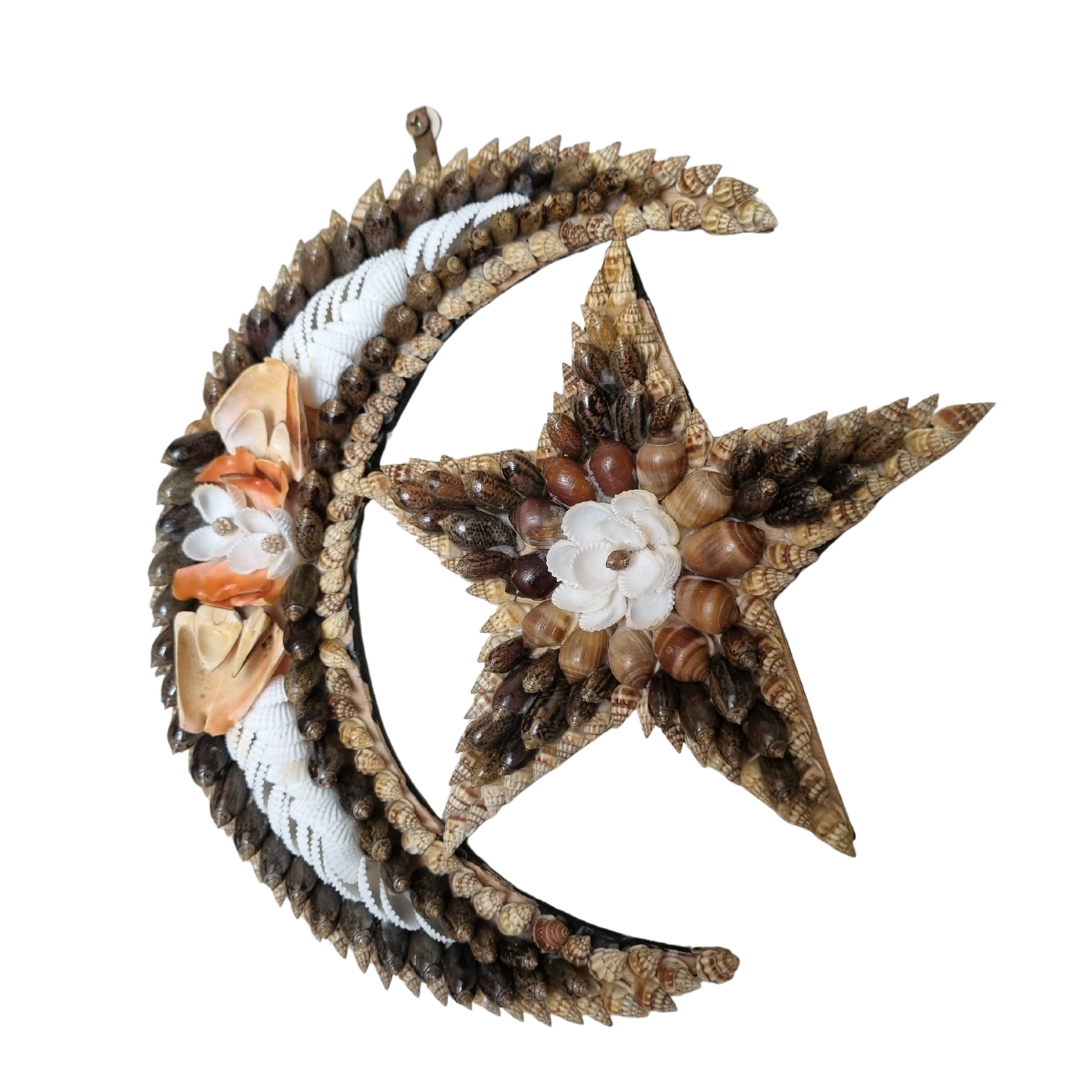 wall art pieces featuring crescent moons and starfish, made with shells and other natural materials.