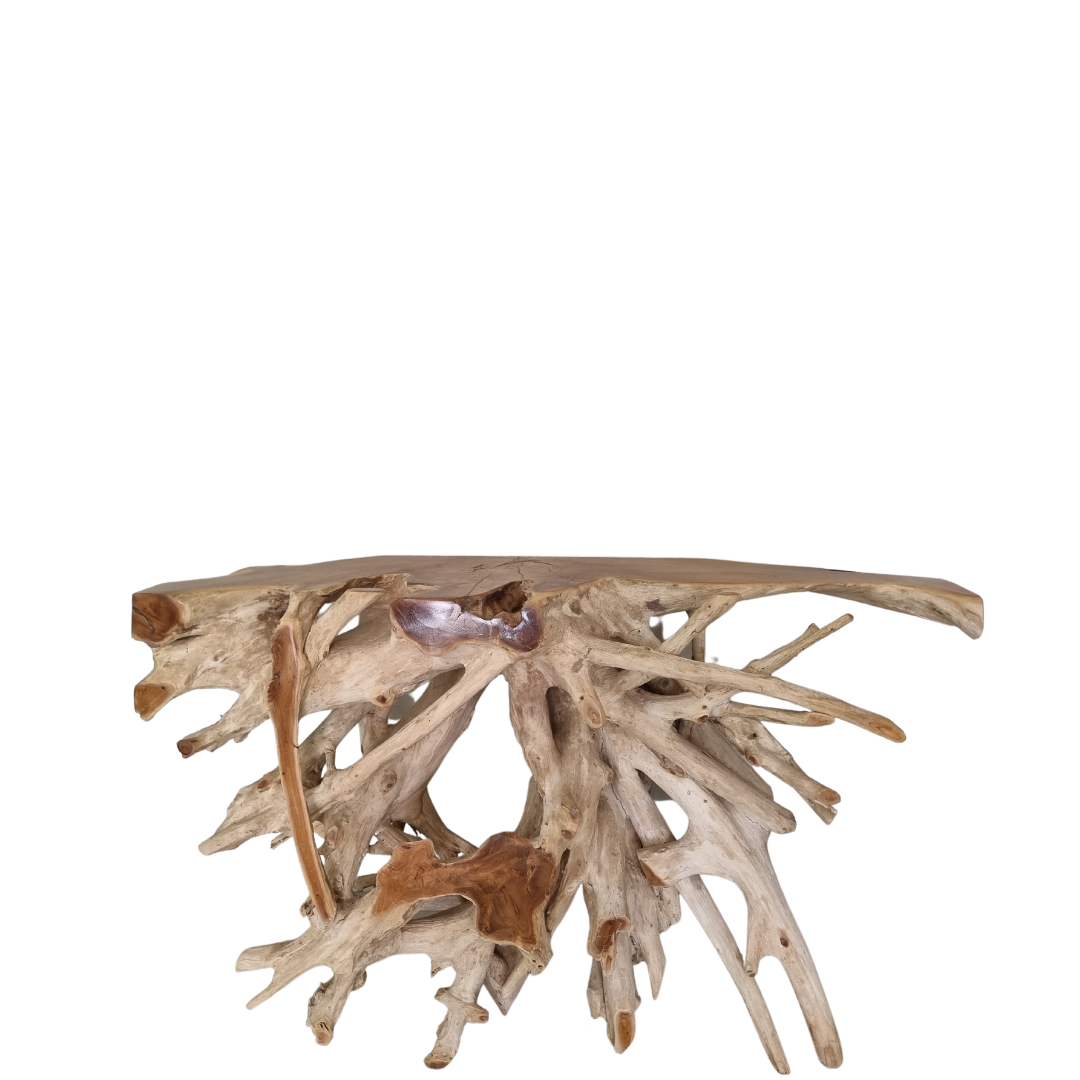 Teak root wood console table with glazed top on white background – front view, handcrafted Balinese furniture by Azure Decor