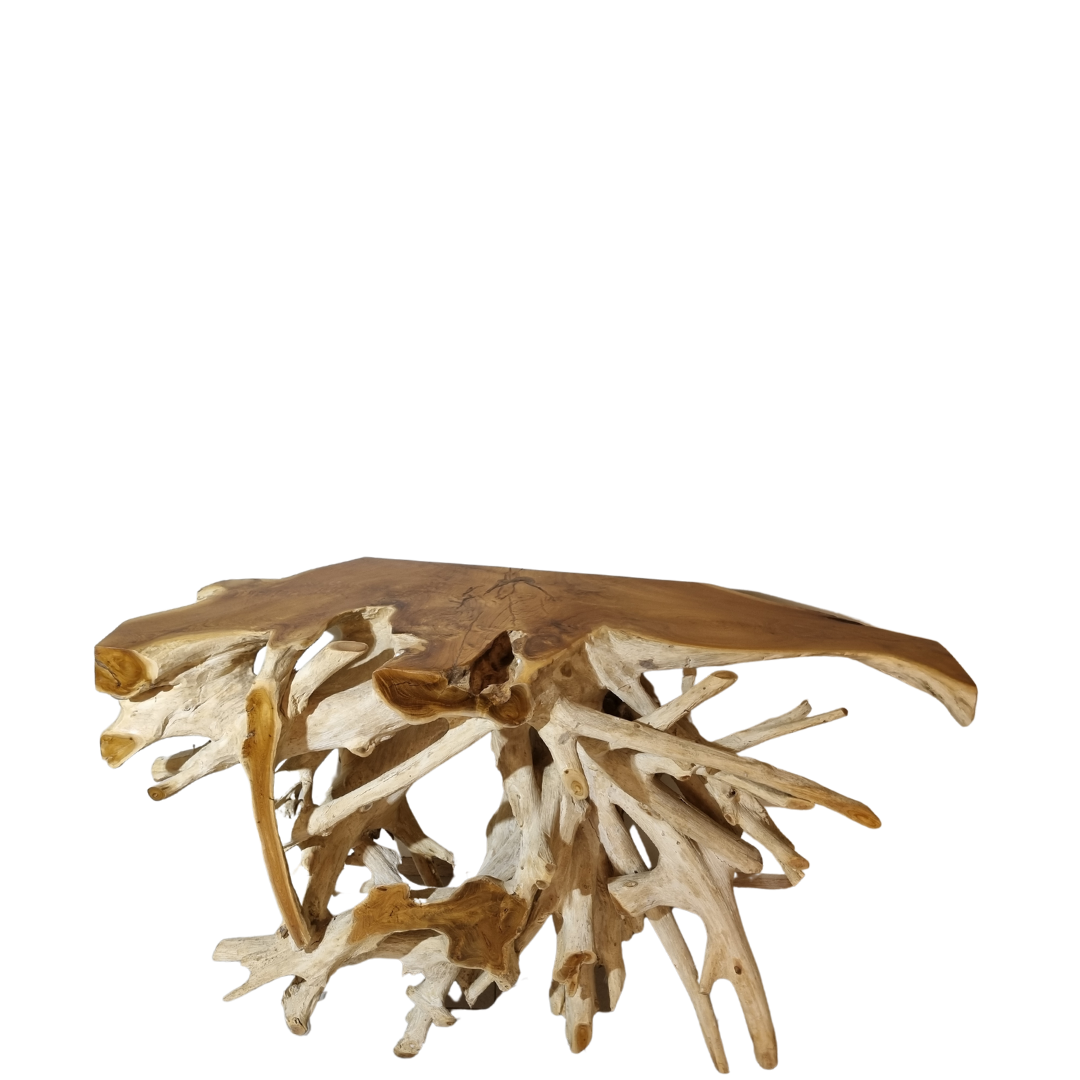 Teak root wood console table on white background – side view showing intricate root base, handcrafted Balinese natural wood furniture by Azure Decor