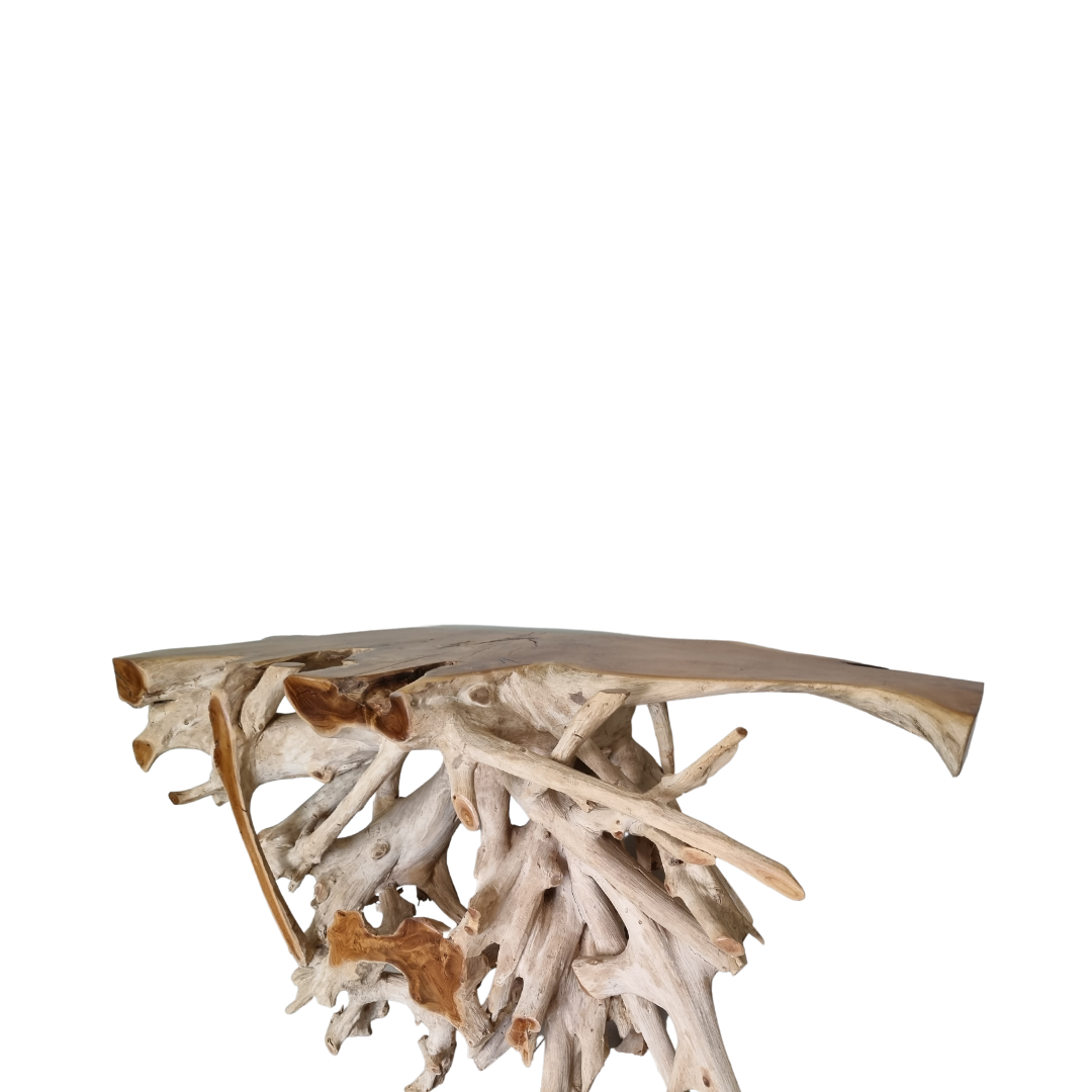 Teak root wood console table on white background – angled view highlighting glazed top and intricate root base, handcrafted Balinese natural wood furniture by Azure Decor
