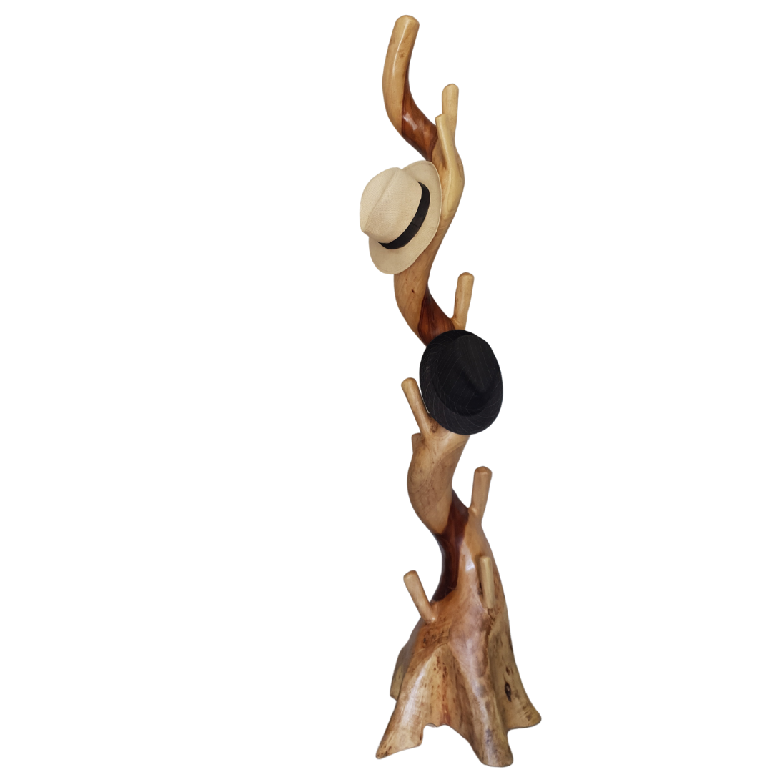 wooden hat stand with 2 hats hanging, on stand on a white back ground