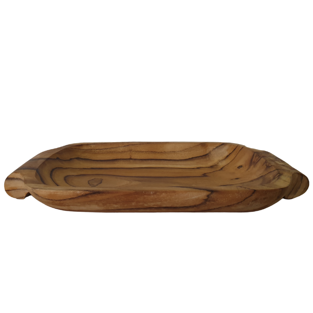 Handcrafted wooden serving tray shown from the side, revealing the shallow carved depth and rounded handle ends