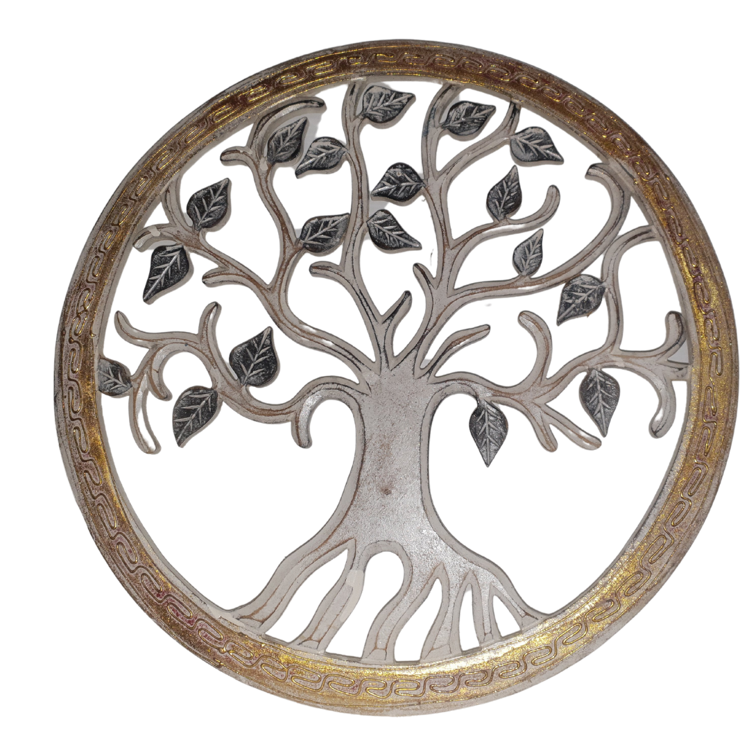 A circular wall decor depicting the Tree of Life with silver branches and blue leaves, framed with a bronze-colored border.