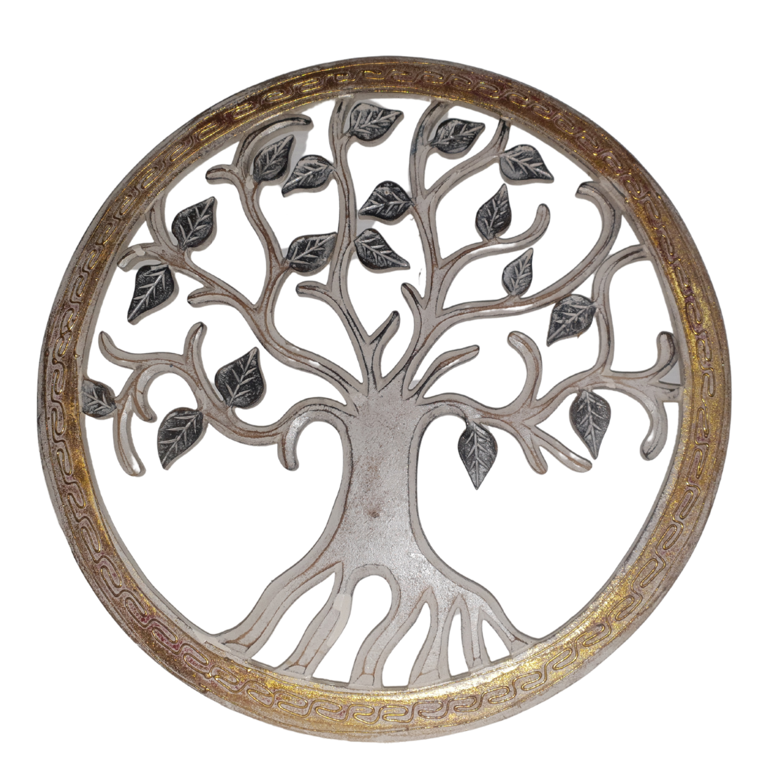 A circular wall decor depicting the Tree of Life with silver branches and blue leaves, framed with a bronze-colored border.