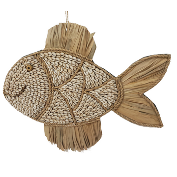 A wall-mounted artwork resembling a fish, made from jute rope and seagrass shells, with a beige and natural color palette.