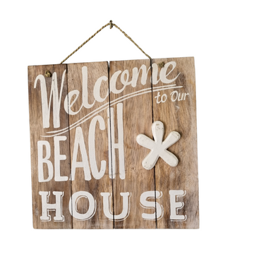 Wooden decorative sign with white lettering on a natural timber background
