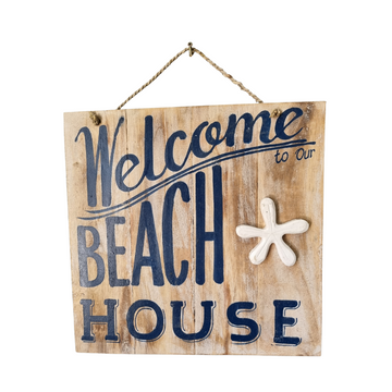 Natural timber sign with blue lettering hanging against a white background